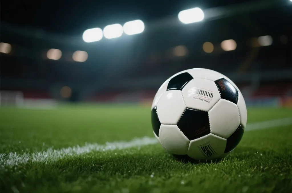 A close up of a professional soccer ball on a green grass field under bright stadium lights